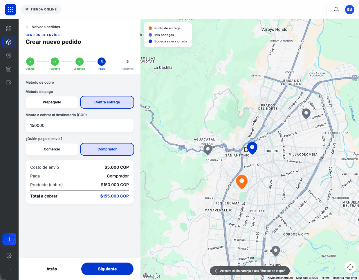 Pantalla de creación de pedido en hubly — stepper paso a paso y mapa de Cali